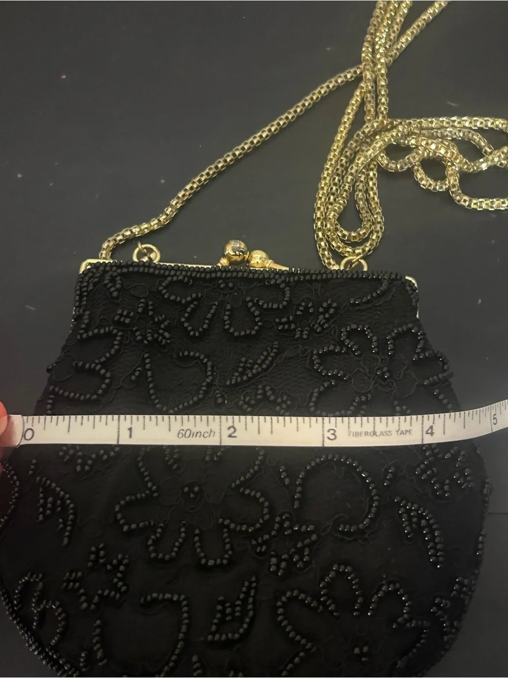 Vintage Regale Ltd Black Beaded Floral Evening Bag Kiss Lock Gold Chain Purse